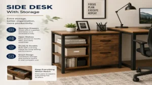 Functional side desk featuring drawers and shelves for extra storage
