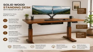 Solid wood standing desk with dual monitor setup and integrated cable management system