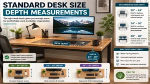 Standard desk size depth measurements displayed on a modern office desk with workspace essentials