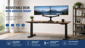 Adjustable desk with monitor mount supporting dual monitors for a productive home office workspace