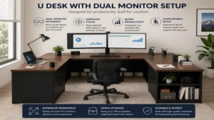 u desk with dual monitor setup designed for multitasking, efficiency, and workflow improvement