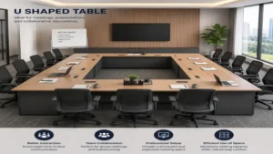 Large u shaped table arrangement in a conference room designed for meetings and collaborative discussions