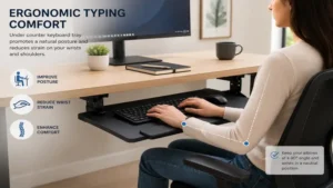 under counter keyboard tray supporting an ergonomic typing position in a home office