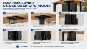 under desk cpu mount installation process beneath a wooden office desk with mounting hardware