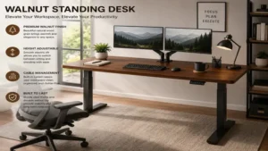 Contemporary home office setup featuring a spacious walnut standing desk with dual monitors