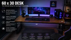 Spacious 60 x 30 desk configured as a gaming workstation with modern accessories.