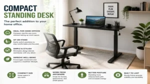 compact standing desk in a bright home office environment with laptop and accessories