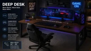 deep desk gaming setup with spacious surface for multiple devices and peripherals