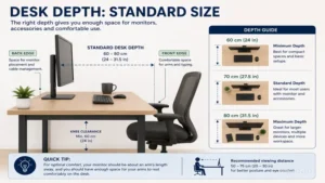 standard dimensions of a desk illustrating recommended desk depth for monitor space and comfortable reach
