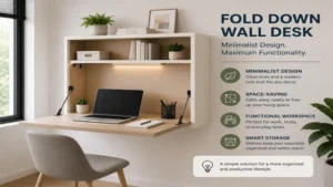 Minimalist fold down wall desk with floating shelves providing a clean and organized workstation