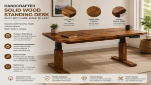Handcrafted solid wood standing desk featuring premium wood grain and durable construction