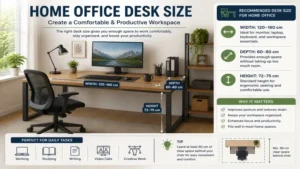 Home office desk size example with ergonomic layout, monitor placement, and workspace organization
