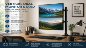 Home office setup using a vertical dual monitor stand for multitasking and better desk organization