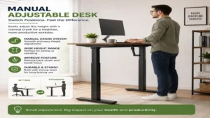 Professional using a manual adjustable desk as a standing workstation to improve posture and productivity
