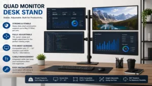 Quad monitor desk stand with stable mounting system and organized workstation layout