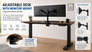 Adjustable desk with monitor mount and integrated monitor bracket allowing easy screen positioning