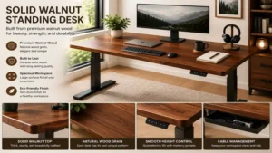 Premium solid wood walnut standing desk showcasing natural wood grain and a spacious desktop