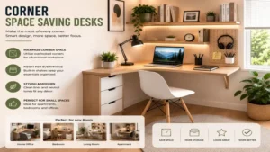 Corner space saving desks creating an efficient workspace in unused room corners