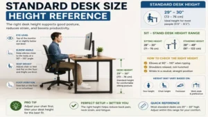 Standard desk size height reference illustrating ergonomic seating and desk positioning