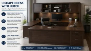 Executive u shaped desk with hutch setup in a professional office environment with organized workspace