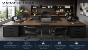 Executive u shaped table workstation with dual monitors, organized storage, and a professional office setup