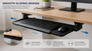 under counter keyboard tray with smooth sliding mechanism extended from beneath a desk
