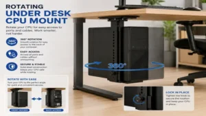 rotating under desk cpu mount providing easy access to computer ports cables and maintenance