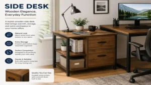 Elegant wooden side desk positioned next to a computer desk in a home office