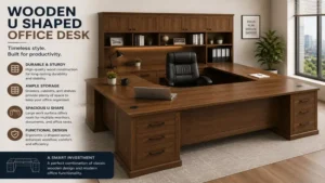 wooden u shaped office desk featuring durable construction, storage drawers, and ample workspace
