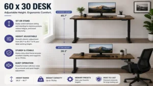 Adjustable standing frame paired with a 60 x 30 desk for ergonomic comfort.