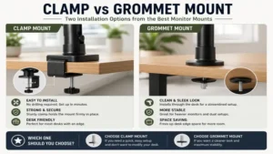 Comparison of clamp and grommet installation methods used by the best monitor mounts
