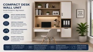 compact desk wall unit designed to maximize small spaces with vertical storage and work area