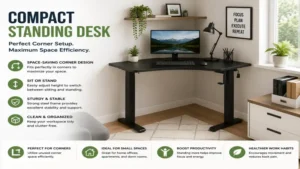 compact standing desk placed in a corner workspace to maximize room efficiency