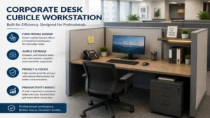 Corporate desk with cubicle workstation for employees