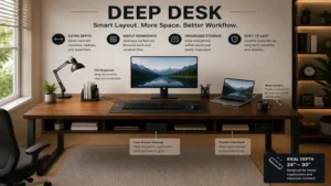 deep desk layout with organized storage and room for work essentials