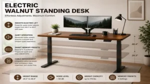 Electric walnut standing desk with smooth height adjustment, quiet motor, and cable management