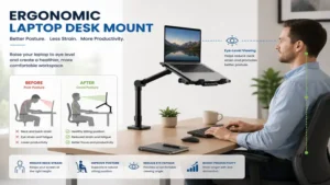 ergonomic laptop desk mount setup helping users maintain proper posture and eye-level viewing