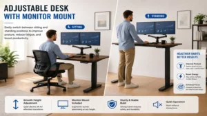 Adjustable desk with monitor mount designed for ergonomic sitting and standing throughout the workday