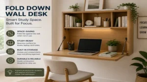 Wooden fold down wall desk designed as a study area with storage shelves for books and office essentials