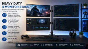 Heavy duty 4 monitor stand with durable steel construction for gaming and office use