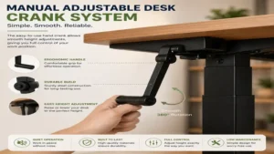 Close-up of the hand crank mechanism on a manual adjustable desk showing easy height control