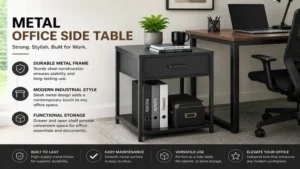 Office side table featuring a durable metal frame and modern industrial style for contemporary office interiors.