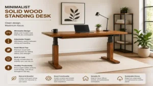 Minimalist solid wood standing desk in a modern workspace with clean and functional design