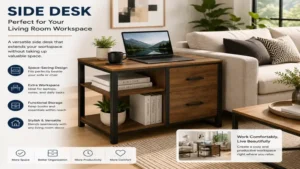 Minimalist side desk used as a workspace extension in a living room