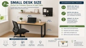 Small desk size solution designed for apartments, bedrooms, and compact workspaces