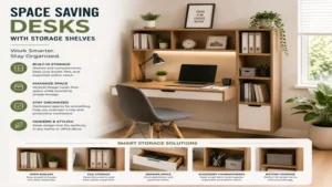 space saving desks with built-in shelves offering storage and organization benefits