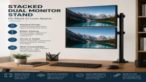 Stacked screen configuration with a vertical dual monitor stand for compact professional workspaces