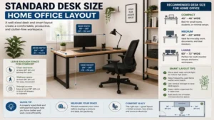 Standard desk size home office layout demonstrating efficient workspace organization and furniture placement