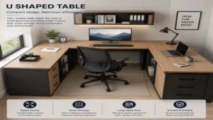 Compact u shaped table setup optimized for small spaces while maximizing workspace efficiency