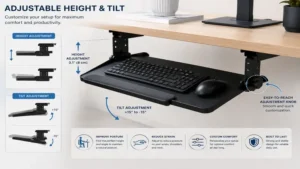 under counter keyboard tray featuring adjustable height and tilt settings for comfort
